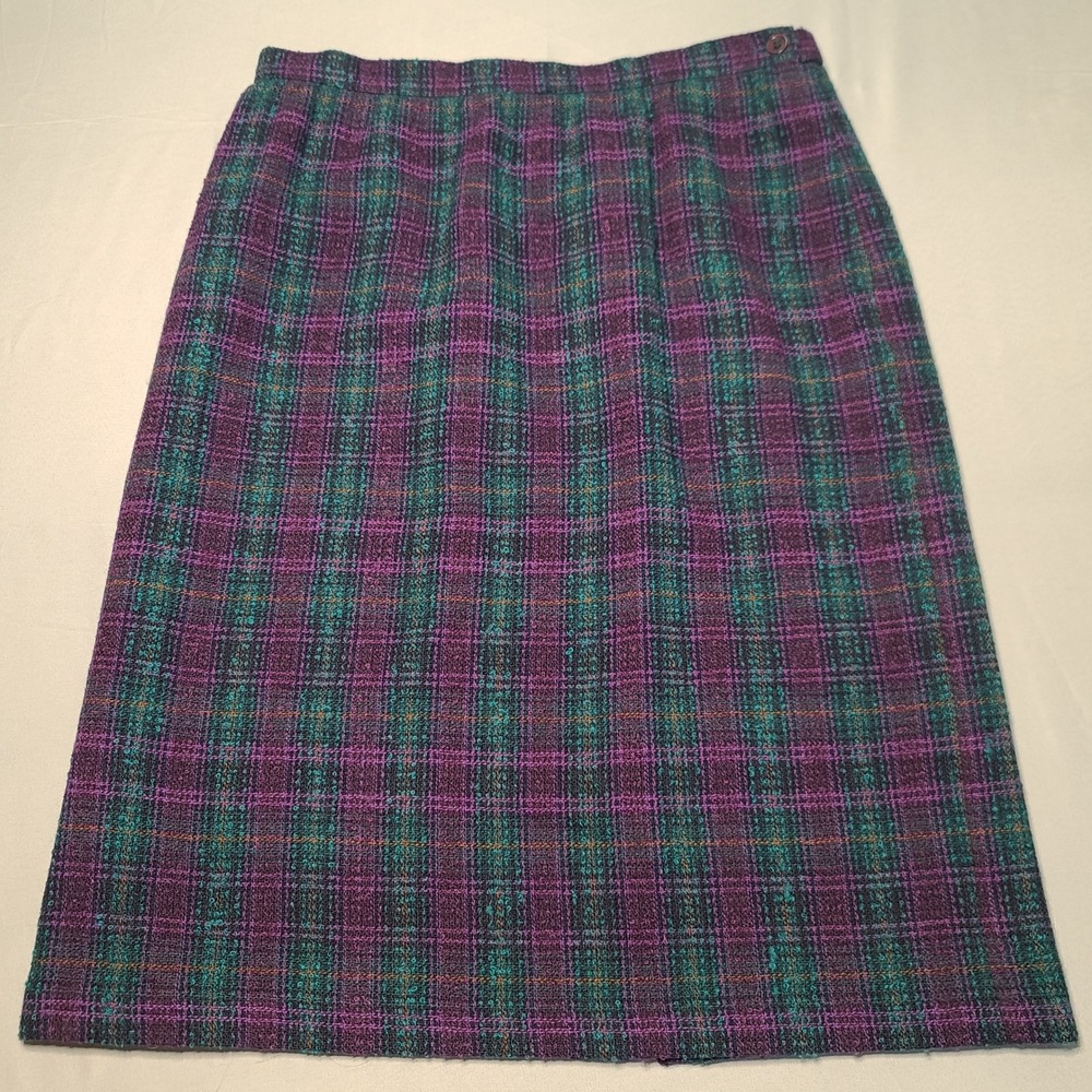 Vintage Alfred Dunner Plaid Skirt Womens 12 Purple Teal Wool Pencil Midi Grandma